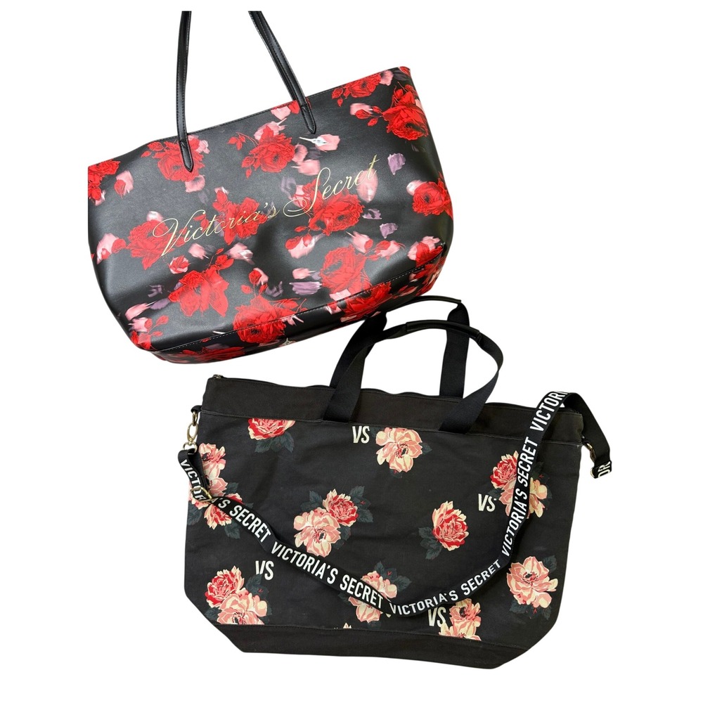 Victoria's Secret Floral Bags Women Black Red Overnight Tote Bundle